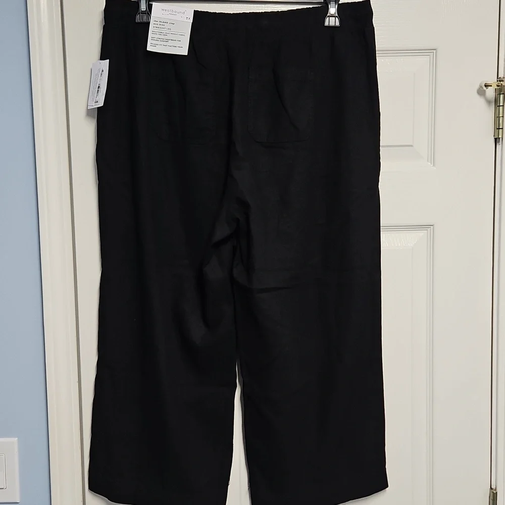 Westbound Linen Blend Mid Rise Straight Leg Lightweight Pant: Black: Size- 2X‎